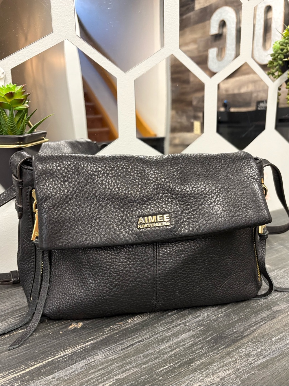 Aimee Kestenberg Black Pebbled Leather Fold-Over Crossbody